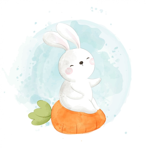 Disegna Un Simpatico Coniglio Seduto Sulla Carota Per Il Giorno Di Pasqua Vettore Premium