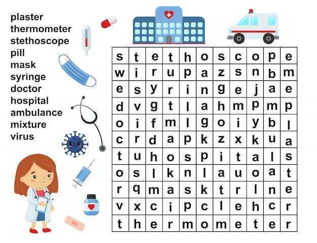 Gioco Educativo Di Ricerca Di Parole Cruciverba Per Bambini Strumenti Sanitari E Di Medicina Vettore Premium