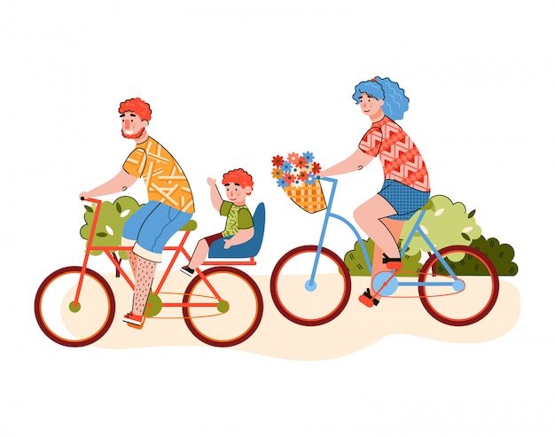 Famiglia Con Bambino Che Fa Un Giro In Bicicletta Fumetto Piatto Illustrazione Vettoriale Isolato Vettore Premium