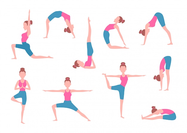 Esercizi Di Yoga Facendo Femminile In Diverse Pose Vettore Premium