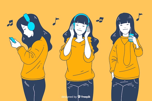 Ragazze Che Ascoltano La Musica In Stile Di Disegno Coreano Vettore Premium