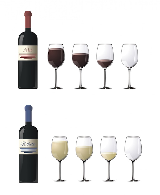 Bicchieri con vino rosso e bianco di vari gradi di ...