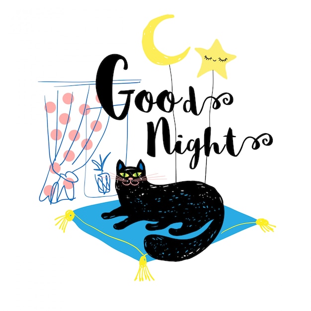 Buona Notte Simpatico Sorriso Gatto Nero Con Luna E Stella Carina Disegna Uno Stile Divertente Per Carta Copertina Banner Maglietta Illustrazione Disegnata A Mano Vettore Premium