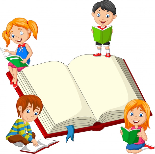 Gruppo Di Bambini Che Leggono Libri Vettore Premium