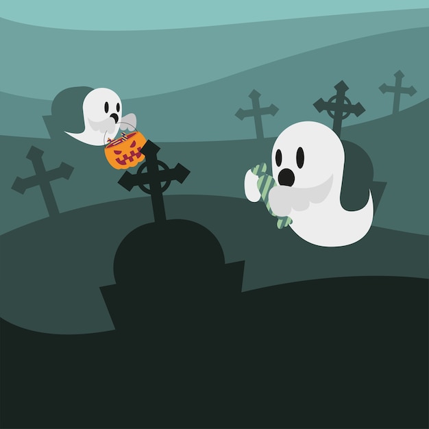 Cartoni Animati Di Fantasmi Di Halloween Al Design Del Cimitero Tema Spaventoso Vettore Premium