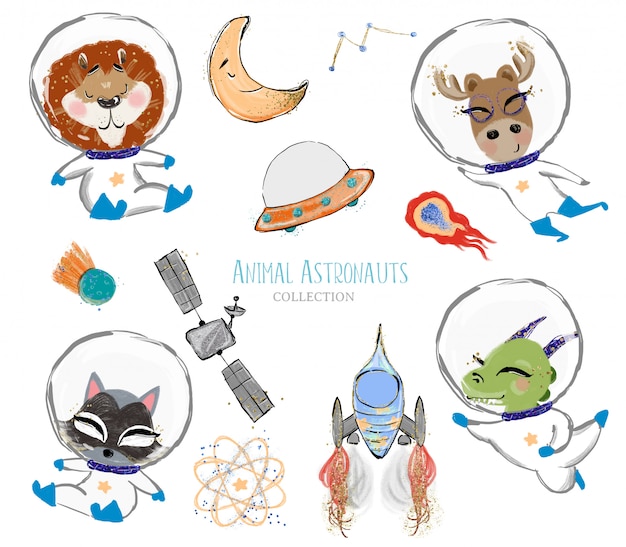 Astronauti Animali Carini Disegnati A Mano Ed Elementi Dello Spazio Vettore Premium