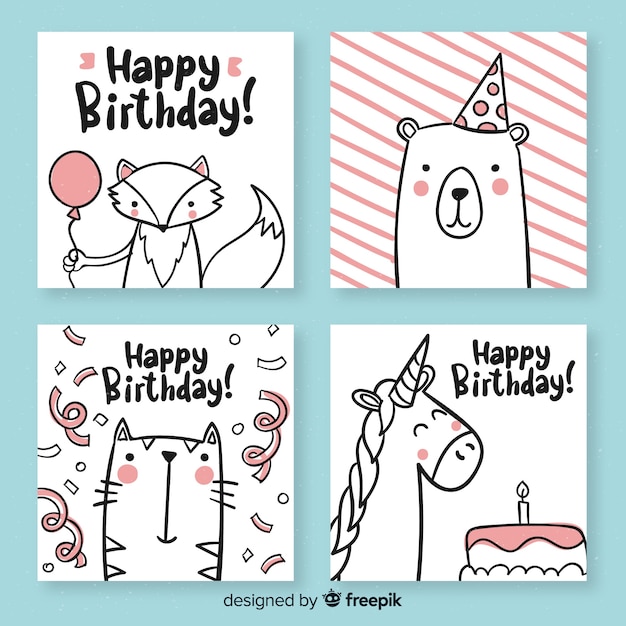 Collezione Di Cartoline Di Compleanno Divertenti Disegnati A Mano Vettore Premium