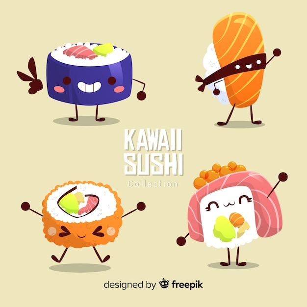 Collezione Di Sushi Divertente Disegnata A Mano Vettore Premium