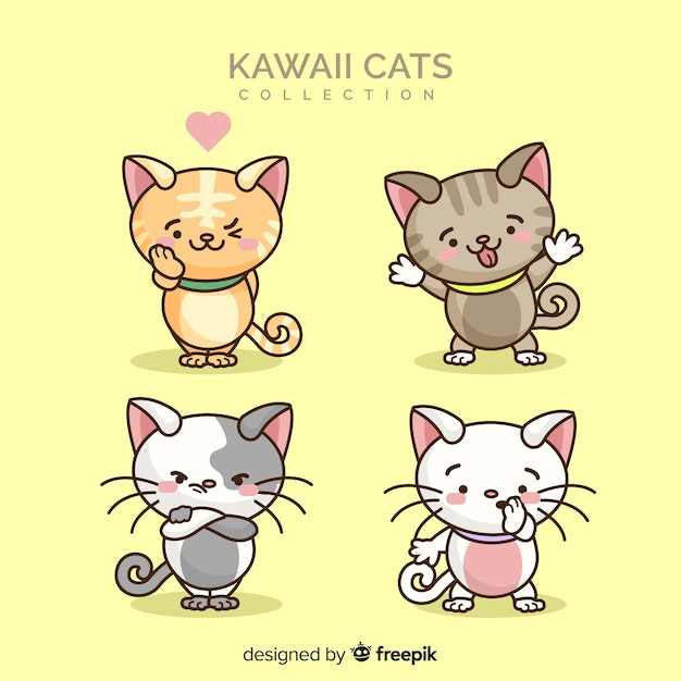 Collezione di gatti kawaii disegnati a mano | Vettore Premium