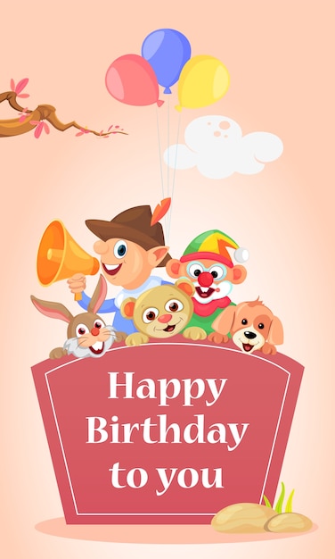 Illustrazione Di Carta Di Buon Compleanno Per Bambini Con Simpatici Personaggi Vettore Premium