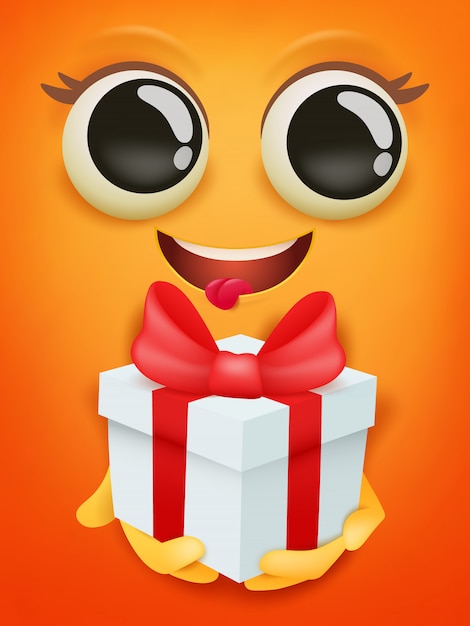 Carta Di Buon Compleanno Con Emoticon Faccina Gialla Con Scatola Regalo Vettore Premium