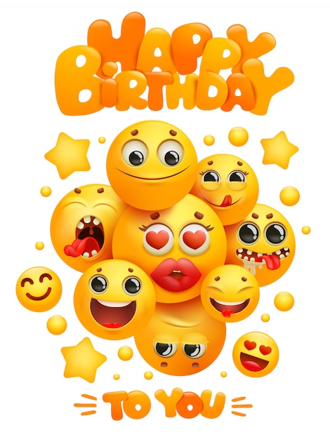 Modello Di Biglietto Di Auguri Di Buon Compleanno Con Un Gruppo Di Personaggi Emoji Fumetto Giallo Sorriso Vettore Premium