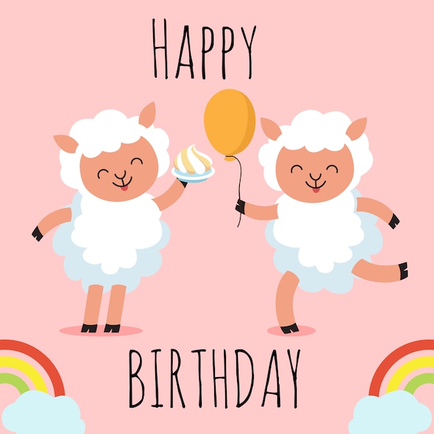 Cartolina D Auguri Di Buon Compleanno Con Pecore Simpatico Personaggio Dei Cartoni Animati Vettore Premium
