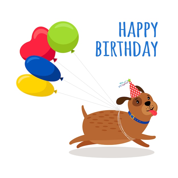 Invito Di Buon Compleanno Cucciolo Cane Divertente Sul Biglietto D Auguri Con Palloncini Isolato Vettore Premium