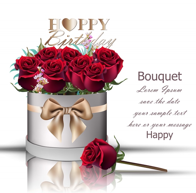Bouquet Di Rose Rosse Di Buon Compleanno Vettore Premium