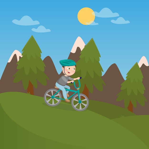 Bicicletta Felice Di Guida Del Ragazzo In Montagne Vacanze Per Bambini Illustrazione Vettoriale Vettore Premium