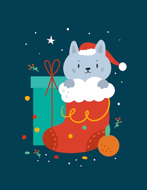 Cartolina D Auguri Di Buon Natale Con Gatto Divertente E Decorazioni Festive Vettore Premium