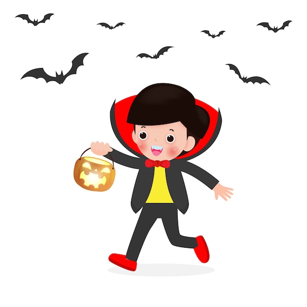 Felice Halloween Carino Piccolo Vampiro Dracula Che Tiene Zucca E Pipistrelli Volanti Bambini In Costume Di Halloween Isolato Su Priorita Bassa Bianca Kid Costume Party Illustrazione Vettore Premium