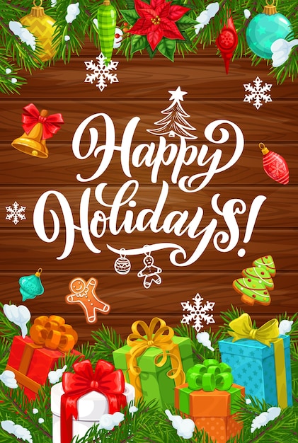 Buone Vacanze E Buon Natale Poster Con Auguri Di Auguri Invernali Regali Di Natale E Ornamenti