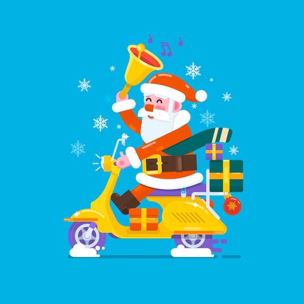 Sorriso Felice Babbo Natale In Sella A Moto Scooter Per Inviare Regali Illustrazione Di Stile Piano Vettoriale Vettore Premium