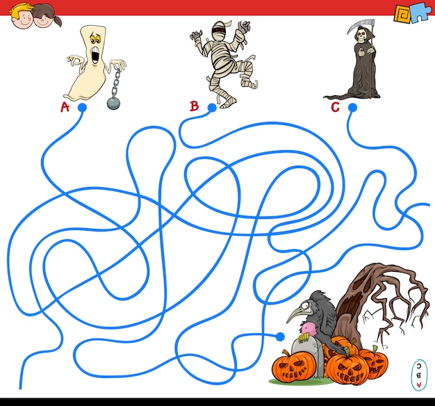 Illustrazione Del Gioco Di Labirinto Di Linee Con Personaggi Di Halloween Vettore Premium