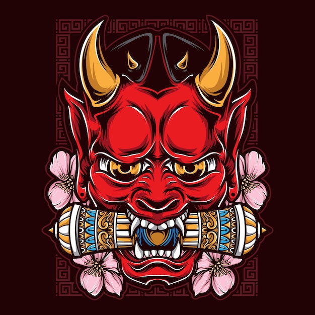 Demone Giapponese Maschera Con Illustrazione Del Tatuaggio Di Sakura Vettore Premium