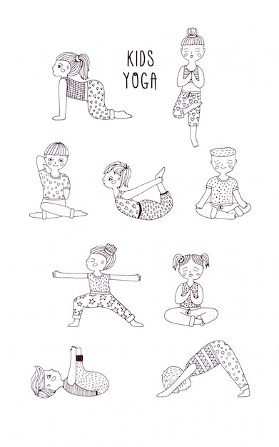 Set Yoga Per Bambini I Bambini Eseguono Esercizi Asana Posture Meditazione Illustrazione Disegnata A Mano Vettore Premium