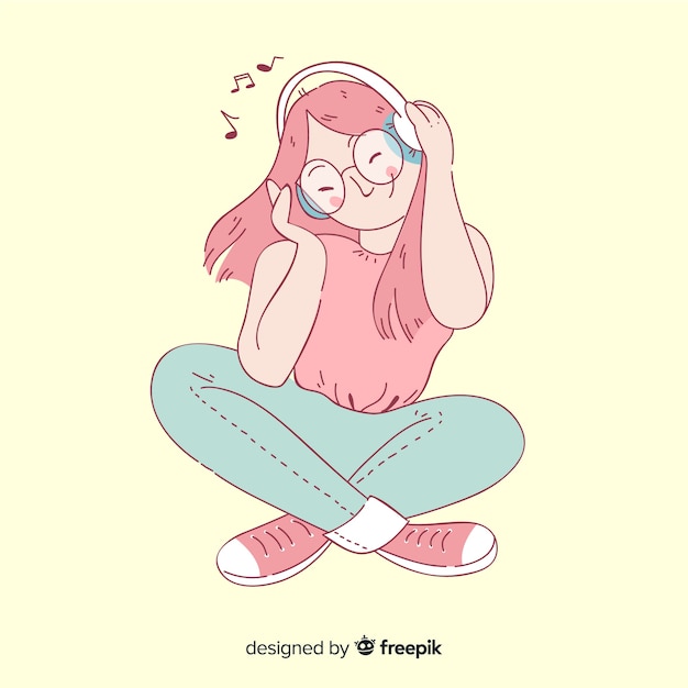 Illustrazione Coreana Della Ragazza Che Ascolta La Musica Vettore Premium