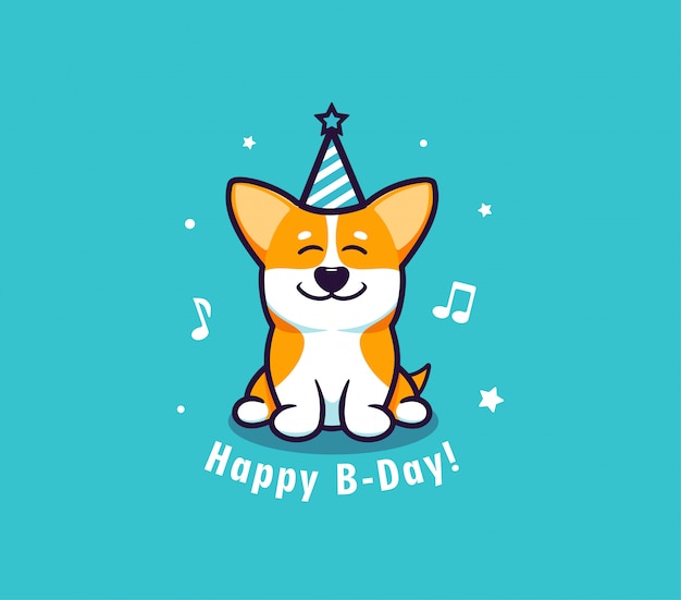 Il Logo Buon Compleanno Con Il Cane Logotipo Con Corgi Divertente E Frase Scritta Vettore Premium