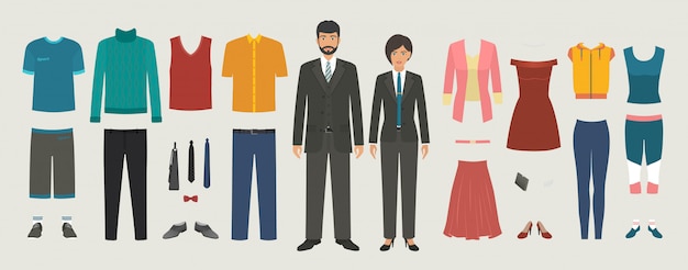 Personaggi Di Uomo E Donna Con Set Di Abbigliamento Business Casual Sport Kit Di Costruzione Di Persone Che Vestono Vettore Premium