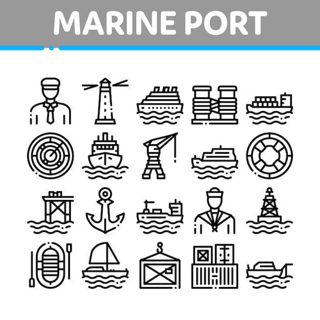 Marine Port Transport Collection Set Di Icone Vettore Premium