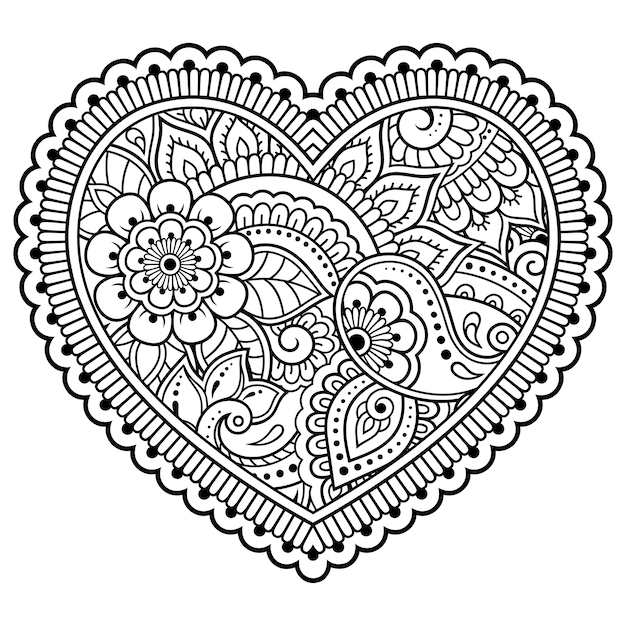 Motivo Floreale Mehndi A Forma Di Cuore Per Disegno E Tatuaggio All Henne Decorazione In Stile Etnico Orientale Indiano Saluti Di San Valentino Pagina Del Libro Da Colorare Vettore Premium