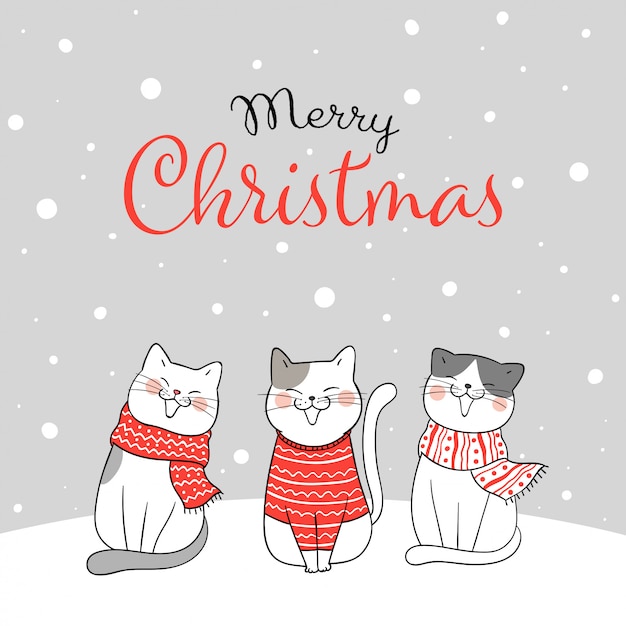 Cartolina D Auguri Di Buon Natale Con Gatti Seduti Nella Neve Vettore Premium