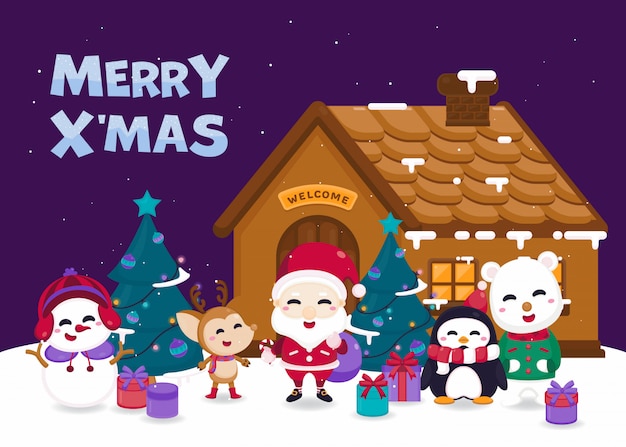 Biglietto Di Auguri Di Buon Natale Con Simpatici Babbo Natale Renne Pupazzo Di Neve Orso Polare E Pinguino Nel Villaggio Invernale Vettore Premium