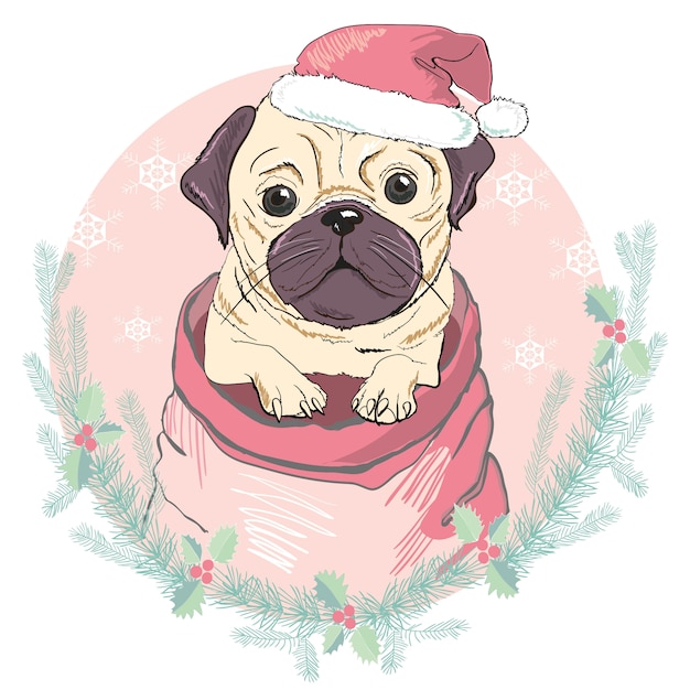 Cartolina D Auguri Di Buon Natale Con Ritratto Di Simpatico Bulldog Francese In Cappello Rosso Di Babbo Natale Illustrazione Vettoriale Vettore Premium