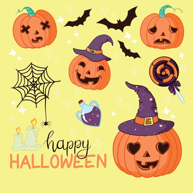 Cartolina D Auguri Di Halloween Di Oggetti E Creature Vettore Premium