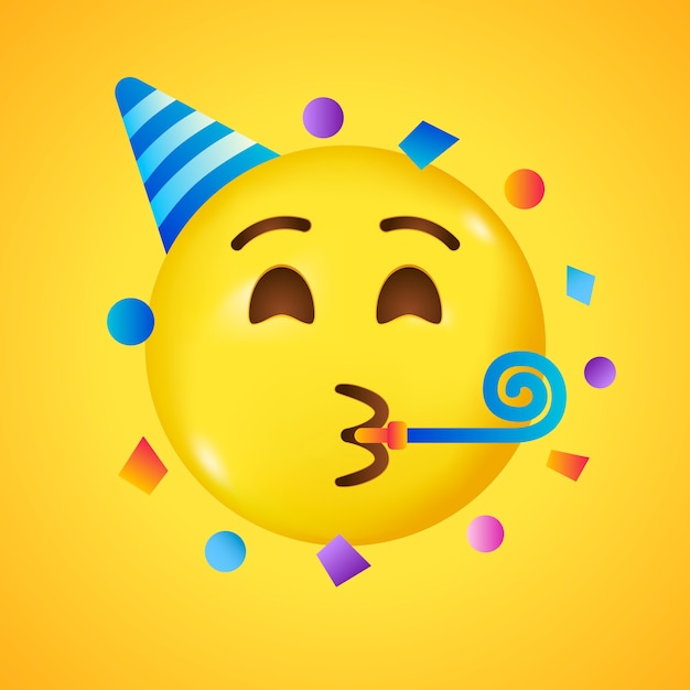 Party Emoji Faccia Felice Con Cappello Di Compleanno E Coriandoli Grande Sorriso In 3d Vettore Premium