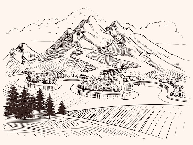 Vettore Premium Disegno A Matita Montagna Paesaggio Le Montagne E Gli Abeti Di Schizzo Del Fumetto Vector L Illustrazione Abbellisca La Montagna L Albero E La Collina Di Punta Di Schizzo