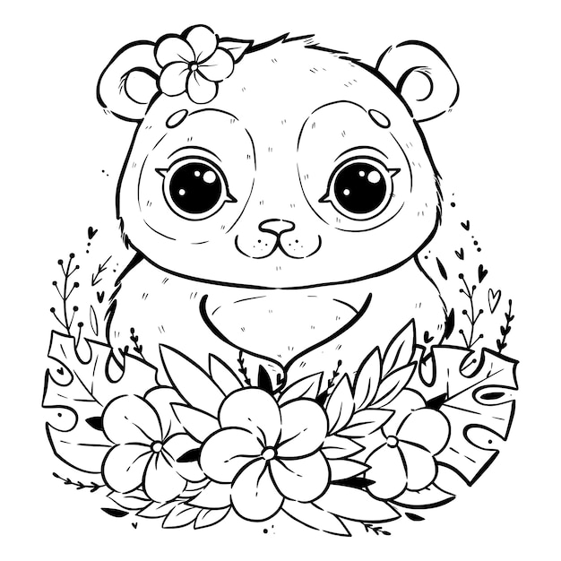 Ritratto Di Un Panda Carino Con Foglie E Fiori Tropicali Panda Con Gli Occhi Aperti E Con Un Fiore Vicino All Orecchio Disegno Da Colorare Vettore Premium