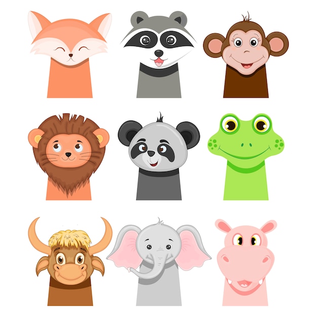 Ritratti Di Animali Divertenti Per Bambini Su Bianco Stile Cartone Animato Vettore Premium