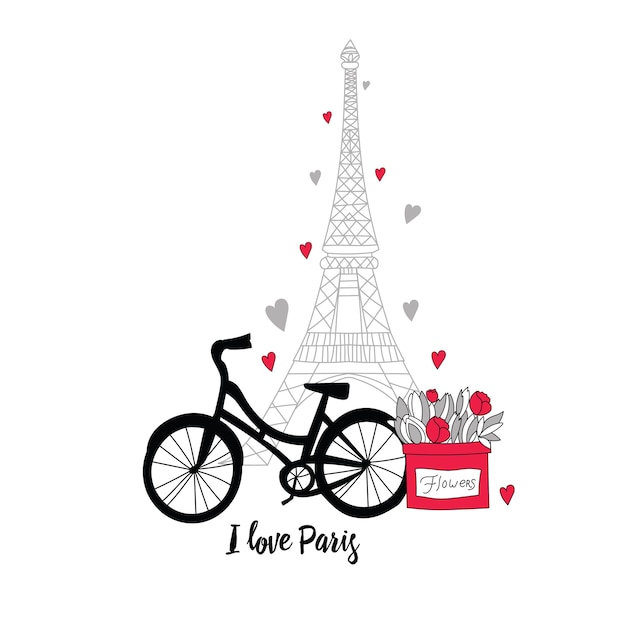 Cartolina Nello Stile Di Parigi Torre Eiffel Bici Fiori E Cuori Vettore Premium