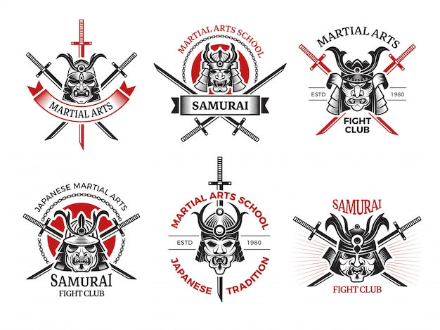 Etichette Per Maschere Samurai Volti Arrabbiati Del Giappone Per Progetti Di Etichette Per Tatuaggi Di Etichette Di Armature Di Guerrieri Vettore Premium