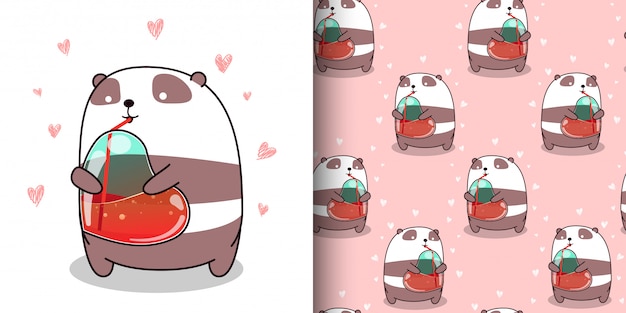 Il Panda Kawaii Senza Cuciture E L Acqua Potabile Del Cuore Vettore Premium