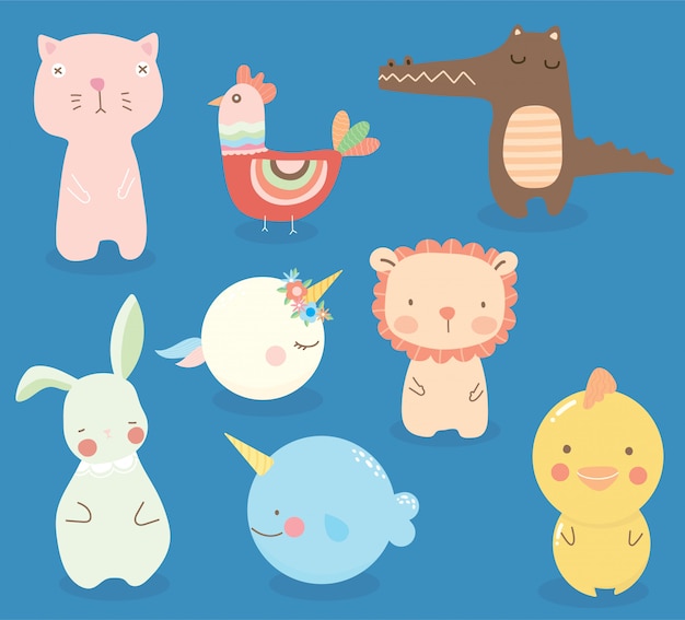 Set Di Simpatici Animali Personaggio Dei Cartoni Animati Cartone Animato Divertente Per Bambini Vettore Premium