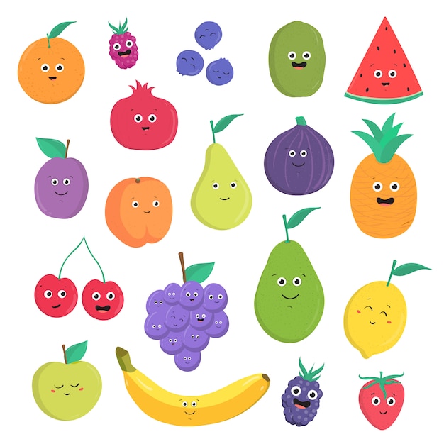 Set Di Simpatici Frutti E Bacche Con Sorrisi Raccolta Luminosa Dell Alimento Vegetariano Su Fondo Bianco Illustrazione Colorata In Stile Cartone Animato Vettore Premium