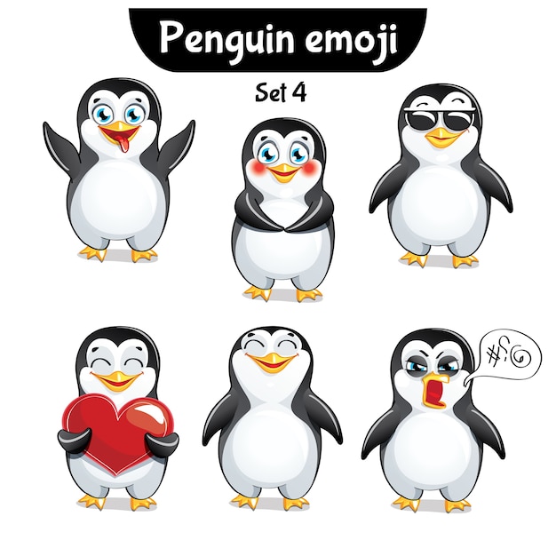 Set Kit Raccolta Adesivo Emoji Emoticon Emozione Illustrazione Isolata Carattere Felice Dolce Carino Pinguino Vettore Premium