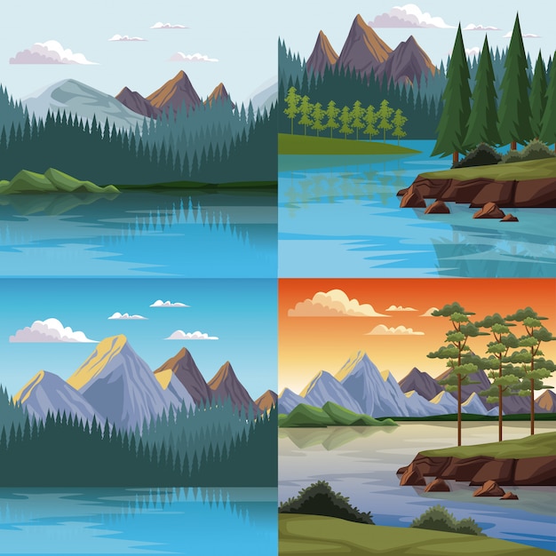 Set Di Paesaggi Colorati Di Natura Vettore Premium
