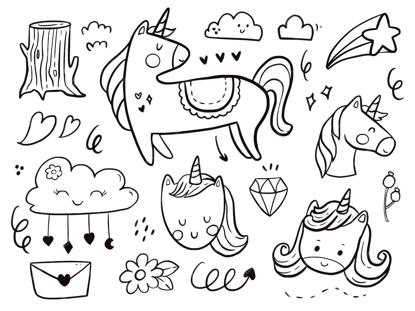 Set di unicorno doodle disegno fumetto per bambini da colorare e