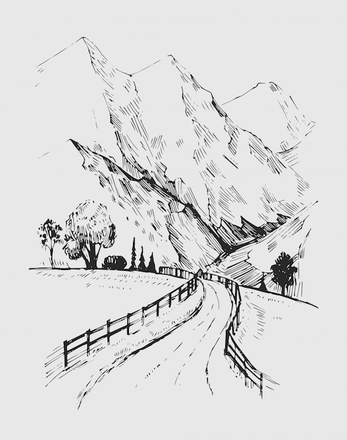 Schizzo Di Un Paesaggio Con Una Strada E Montagne Illustrazione Disegnata A Mano Vettore Premium
