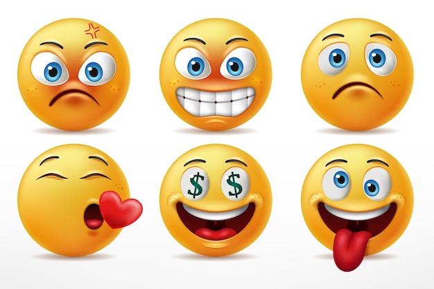 Il Sorriso Affronta Il Set Di Caratteri Emoticon Le Espressioni Facciali Di Facce Gialle Carine Arrabbiate Innamorate Impazzite E Tristi Vettore Premium